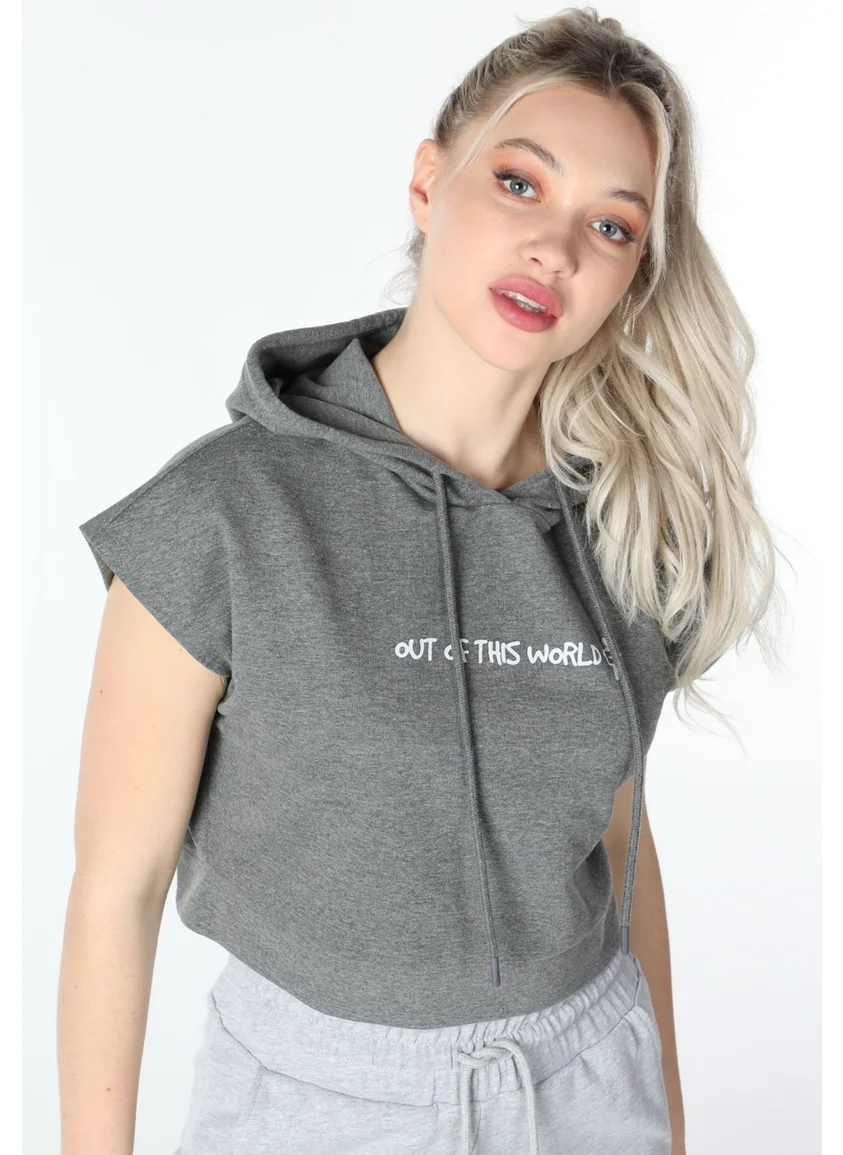 Defy'S Women's Printed Hooded Crop Sweat Dark Grey
