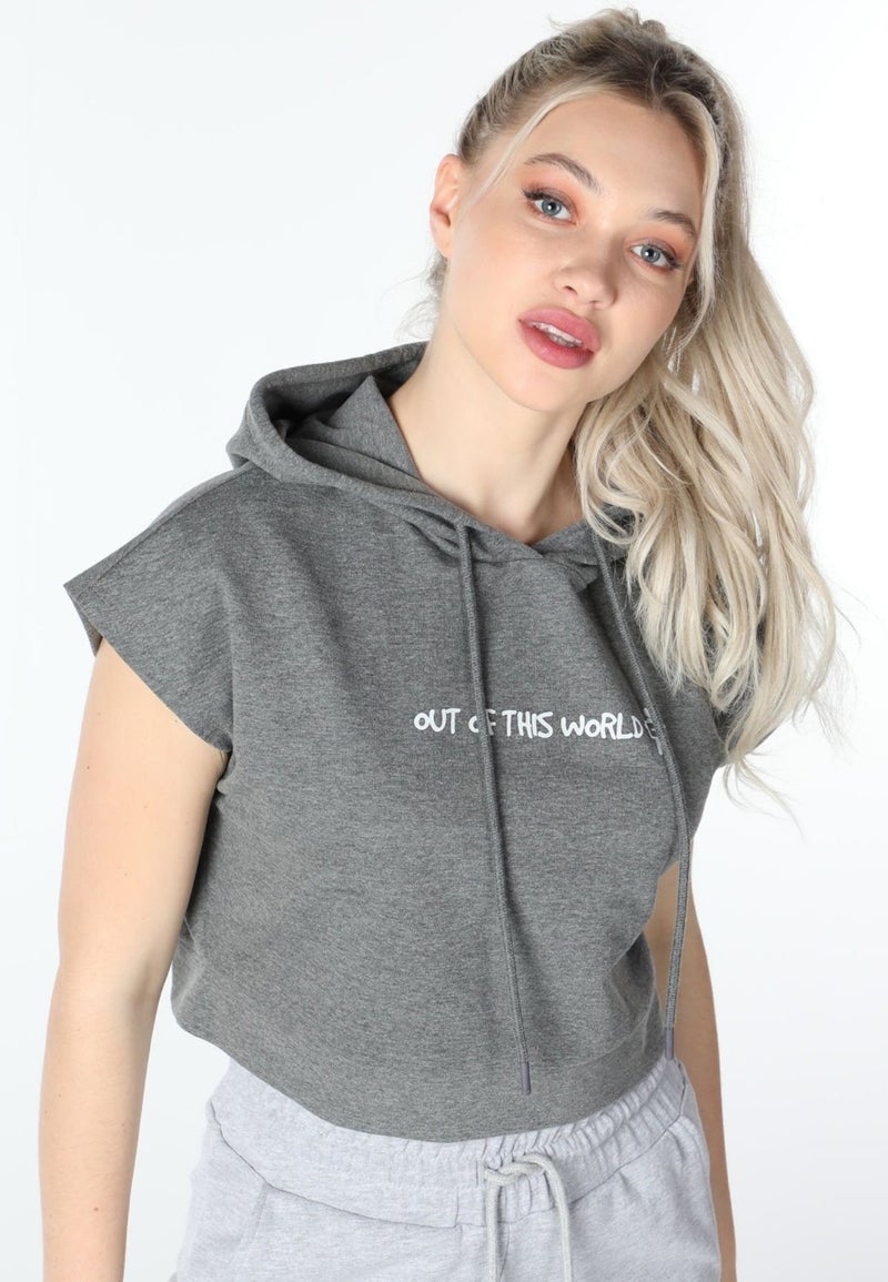Defy's Women's Printed Hooded Crop Sweat Dark Grey  - Image 4