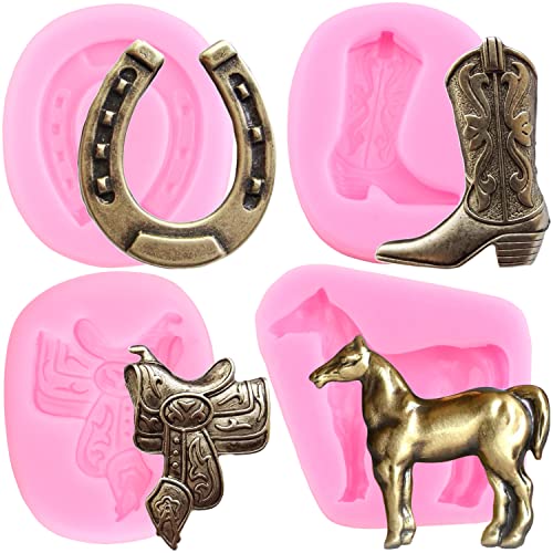Mujiang Horse Silicone Molds Horseshoe Hoof Fondant Molds Cowboy Boot Candy Mold Saddle Mold For Cake Decorating Cupcake Topper Candy Polymer Clay Chocolate Gum Paste Set Of 4 - Image 1