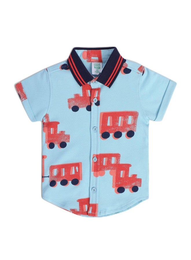 miniklub Baby Short Sleeve Collared Knitted Cotton Blue Color Shirt, Pack of 1 (6-9M) - Image 1