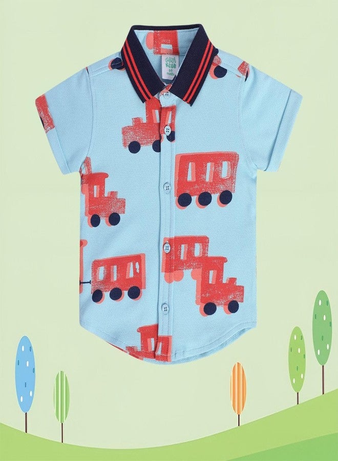 miniklub Baby Short Sleeve Collared Knitted Cotton Blue Color Shirt, Pack of 1 (6-9M) - Image 2