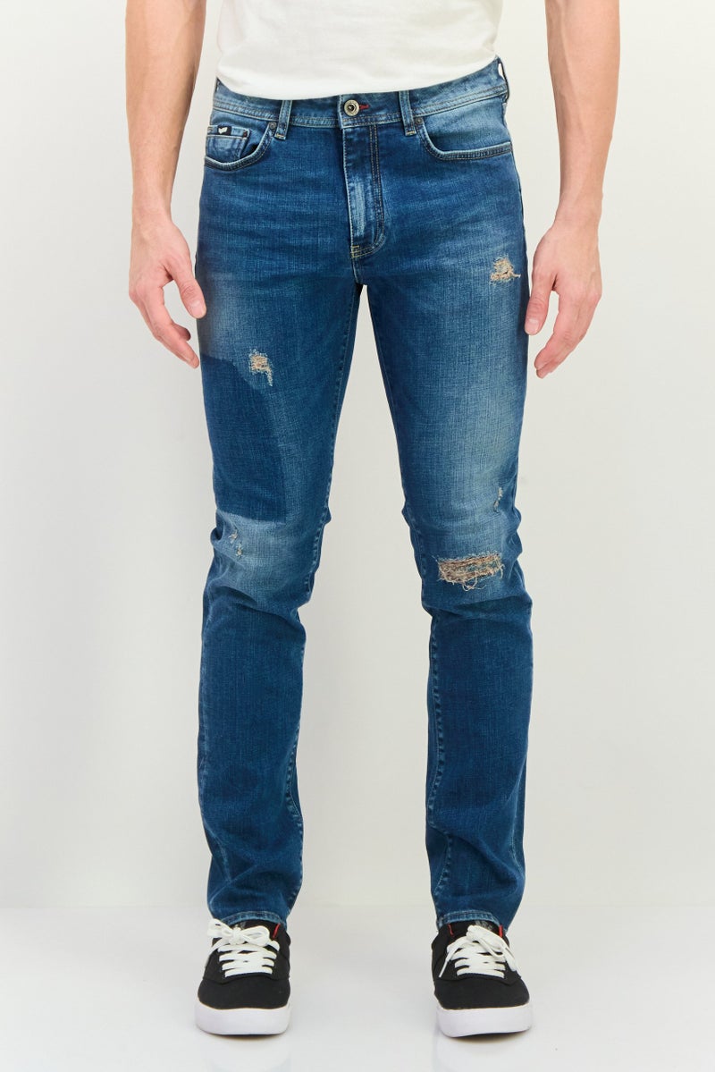 GAS Men Slim Fit  Rip Stretchable Denim Jeans, Navy Wash - Image 1