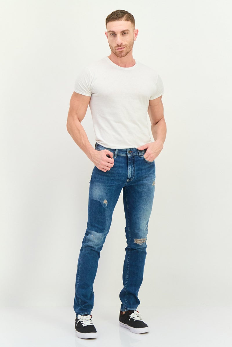 GAS Men Slim Fit  Rip Stretchable Denim Jeans, Navy Wash - Image 4