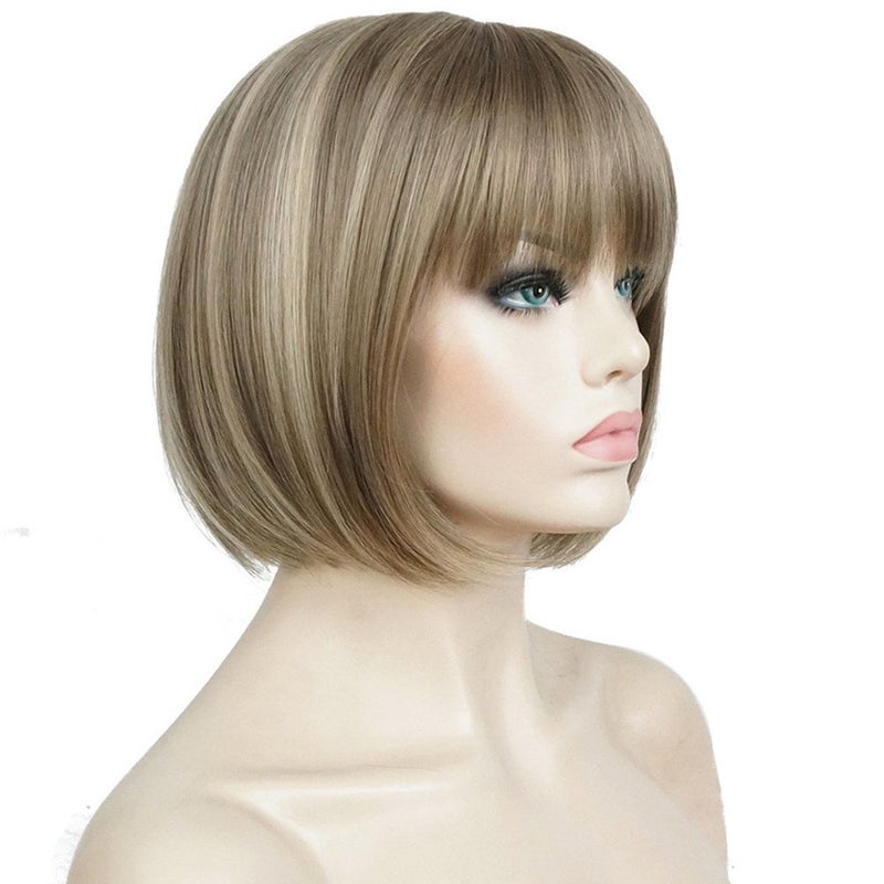 Aimole Short Bob Straight Wig with Cute Flat Bangs Synthetic Hair24M8613