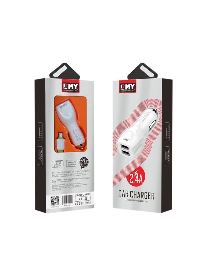 EMY Car Charger  2.4 A for for All Types of Mobiles with 2 Charging Port and Micro USB Data Cable (All Devices) White - Image 1