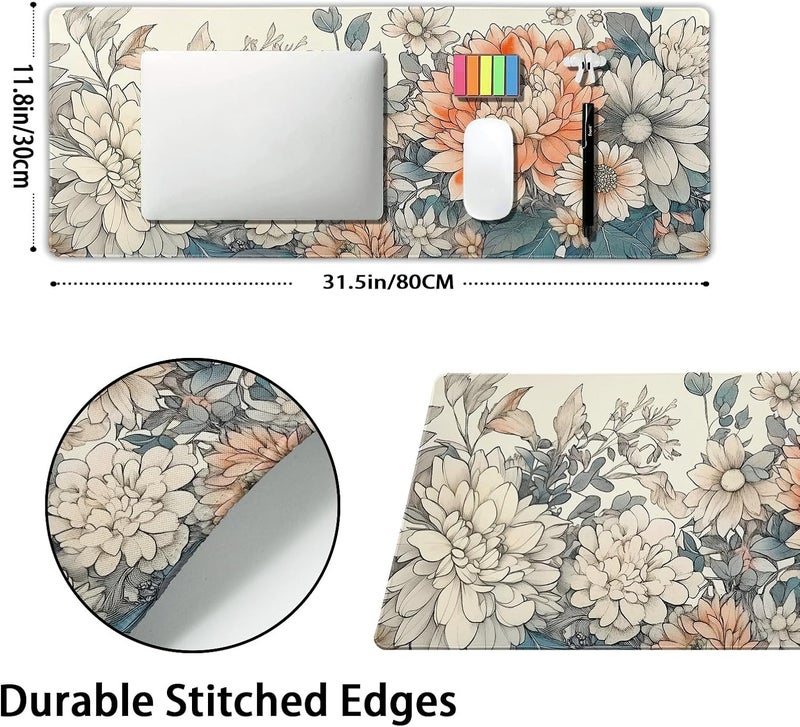 aportt Japanese Aesthetic Floral Gaming Mouse Pad XL Vintage Orange White Flowers Extended Large Mat Mousepad Desk Pad Non-Slip Rubber Base Stitched Edge Long Keyboard Pad for Computer,31.5×11.8 Inch - Image 2