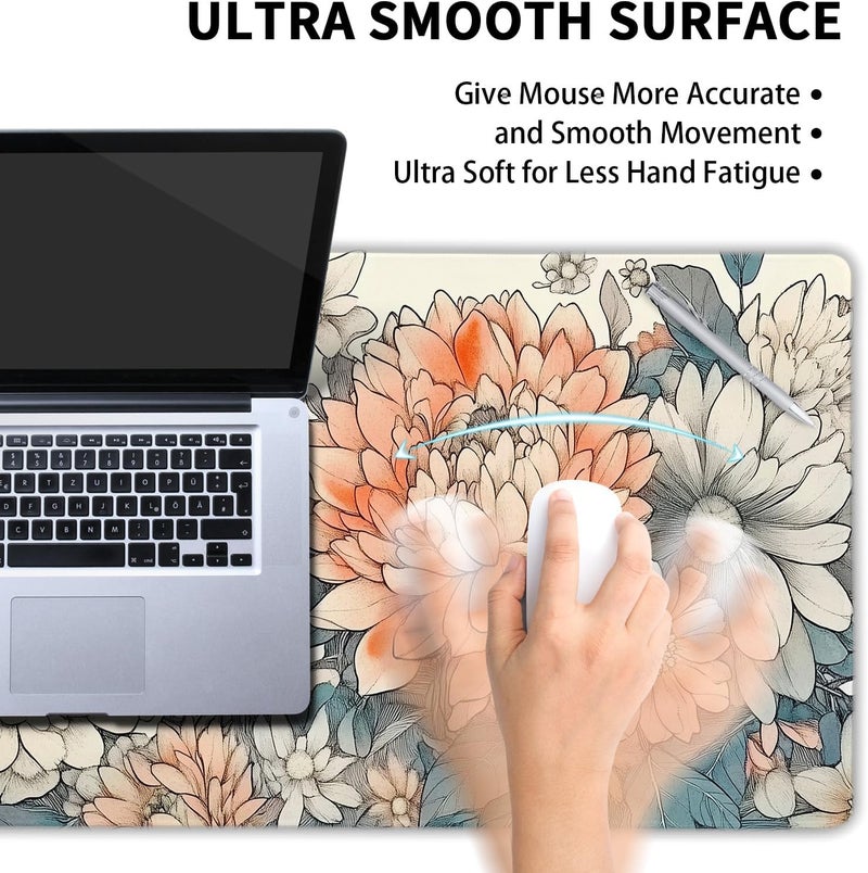aportt Japanese Aesthetic Floral Gaming Mouse Pad XL Vintage Orange White Flowers Extended Large Mat Mousepad Desk Pad Non-Slip Rubber Base Stitched Edge Long Keyboard Pad for Computer,31.5×11.8 Inch - Image 4