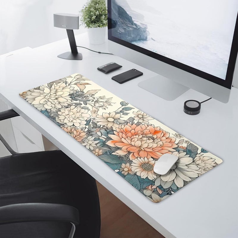 aportt Japanese Aesthetic Floral Gaming Mouse Pad XL Vintage Orange White Flowers Extended Large Mat Mousepad Desk Pad Non-Slip Rubber Base Stitched Edge Long Keyboard Pad for Computer,31.5×11.8 Inch - Image 5