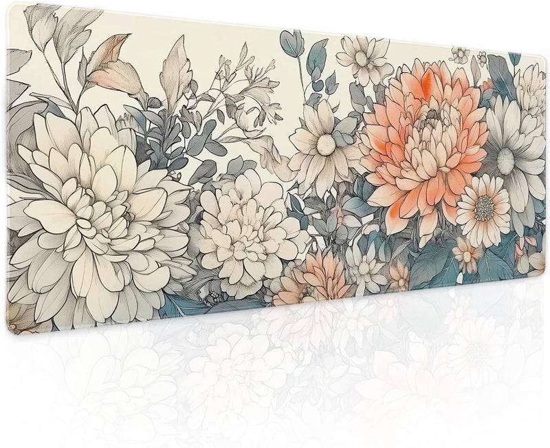 aportt Japanese Aesthetic Floral Gaming Mouse Pad XL Vintage Orange White Flowers Extended Large Mat Mousepad Desk Pad Non-Slip Rubber Base Stitched Edge Long Keyboard Pad for Computer,31.5×11.8 Inch - Image 1