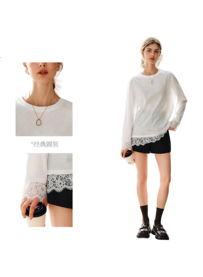 Olrain French Style Lace Patchwork T-Shirt Women'S Spring New Design White S - Image 1