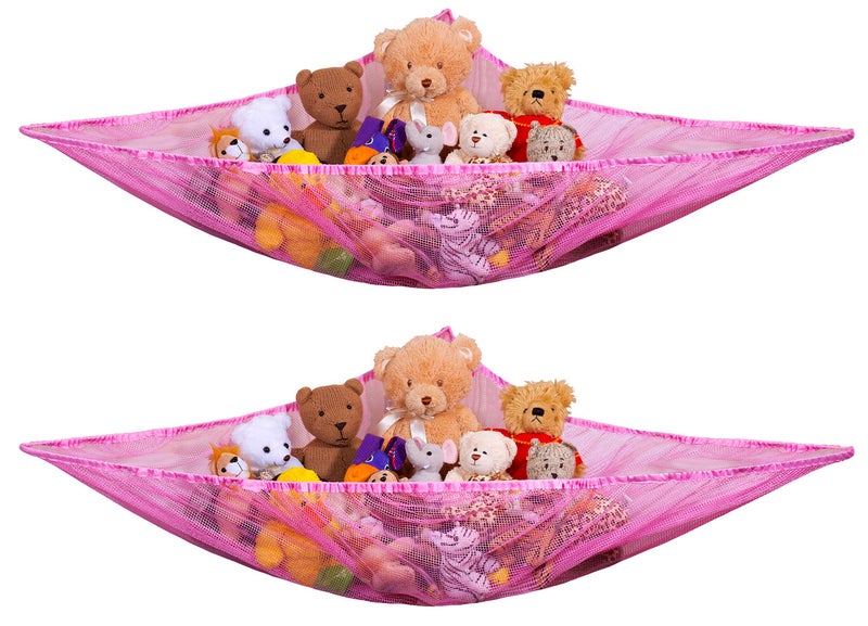 Handy Laundry Stuffed Animal Storage Hammock 2Pack Pink Mesh Toy Organizer for Kids Expandable Corner Net Holds 30 Plushies Easy Wall Mount Nursery Bedroom Decor - Image 2