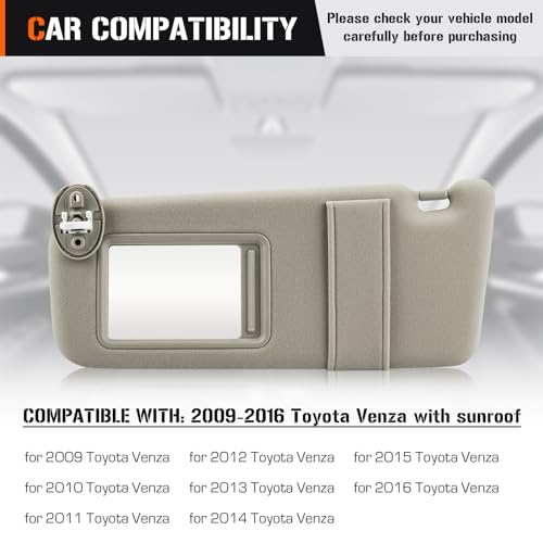 AEagle Sun Visor with Light for 2009-2016 Toyota Venza with Sunroof, Left Driver Side Beige Sunvisor Replacement 74320-0T021-A1 - Image 2