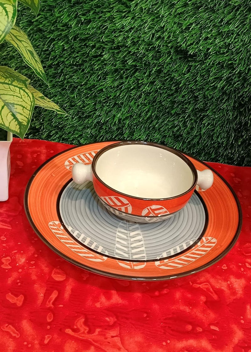 Caffeine Ceramic Handmade Orange & Grey Combo Dinner Set (Set of 4) - Image 2