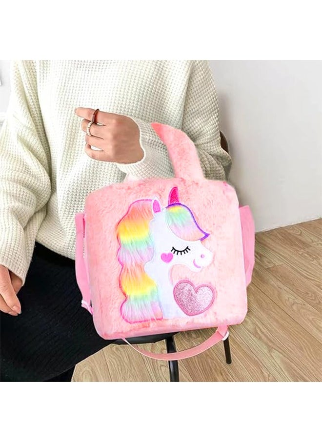UNICORN Unicorn Children's Plush Backpack Plush Unicorn Tote Bag Backpack School Girls Handbag Single Shoulder Crossbody Handbag Adjustable Shoulder Strap Bag for Travel and Bookbag Party Supplies Pink  - Image 3