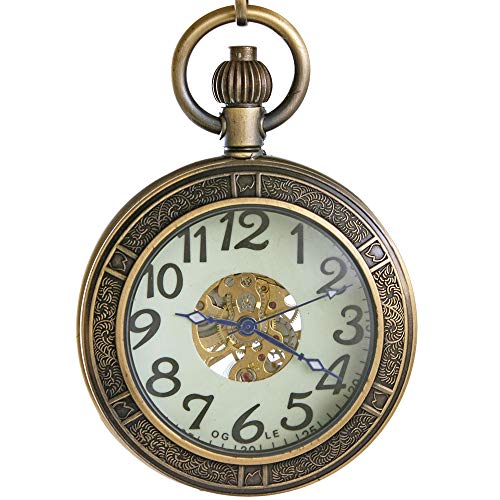 OGLE Waterproof Magnifier Skeleton Chain Silver Luminous Fob Self Winding Automatic Mechanical Pocket Watch (Bronze Luminous) - Image 3