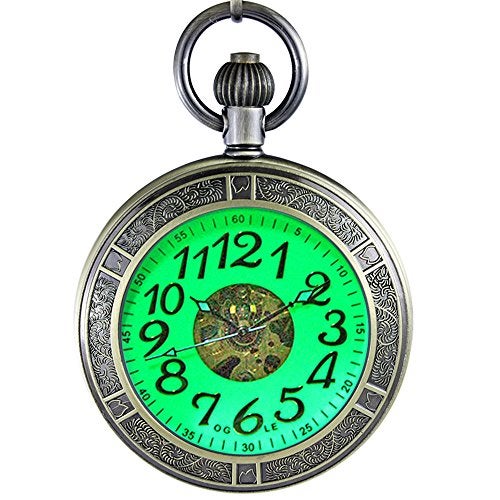 OGLE Waterproof Magnifier Skeleton Chain Silver Luminous Fob Self Winding Automatic Mechanical Pocket Watch (Bronze Luminous) - Image 1