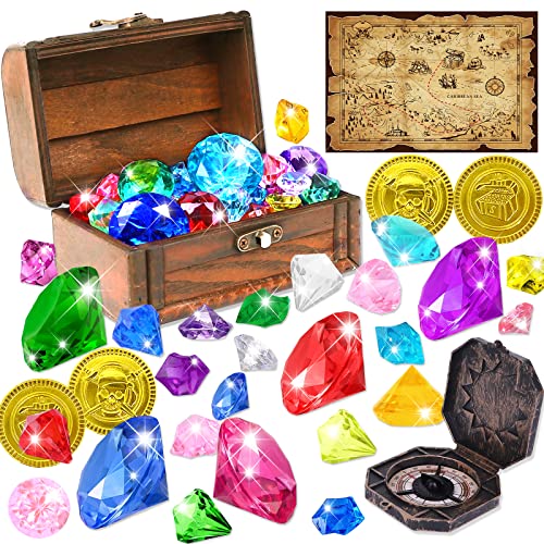 YUJUN Diving Gem Pirate Toys Colorful Pool Acrylic Diamonds Pirate Treasure Chest Gold Coins with Underwater Swimming Throw Pirate Toy for Kids Birthday Summer Swimming Pool Party Favor - Image 1