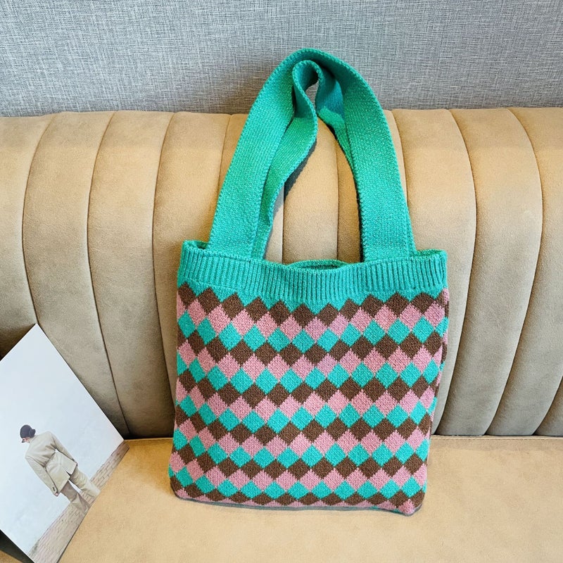 Hand-Woven Contrast Color Rhombus Knitted Wool Bag Korean Style Versatile Large Capacity Student Commuter Shoulder Bag Handbag - Image 3