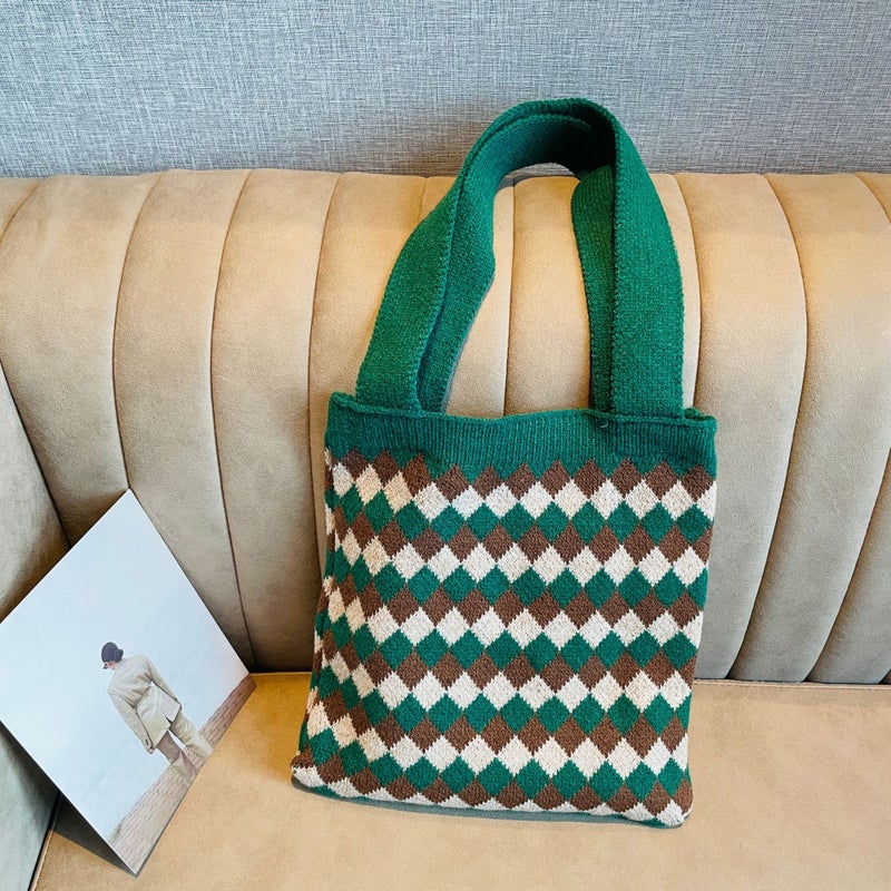 Hand-Woven Contrast Color Rhombus Knitted Wool Bag Korean Style Versatile Large Capacity Student Commuter Shoulder Bag Handbag - Image 1