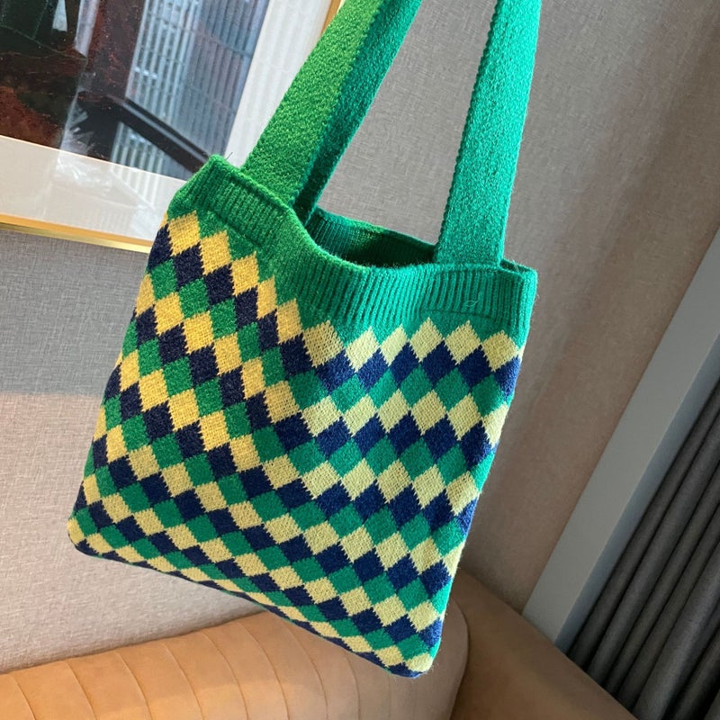 Hand-Woven Contrast Color Rhombus Knitted Wool Bag Korean Style Versatile Large Capacity Student Commuter Shoulder Bag Handbag - Image 2