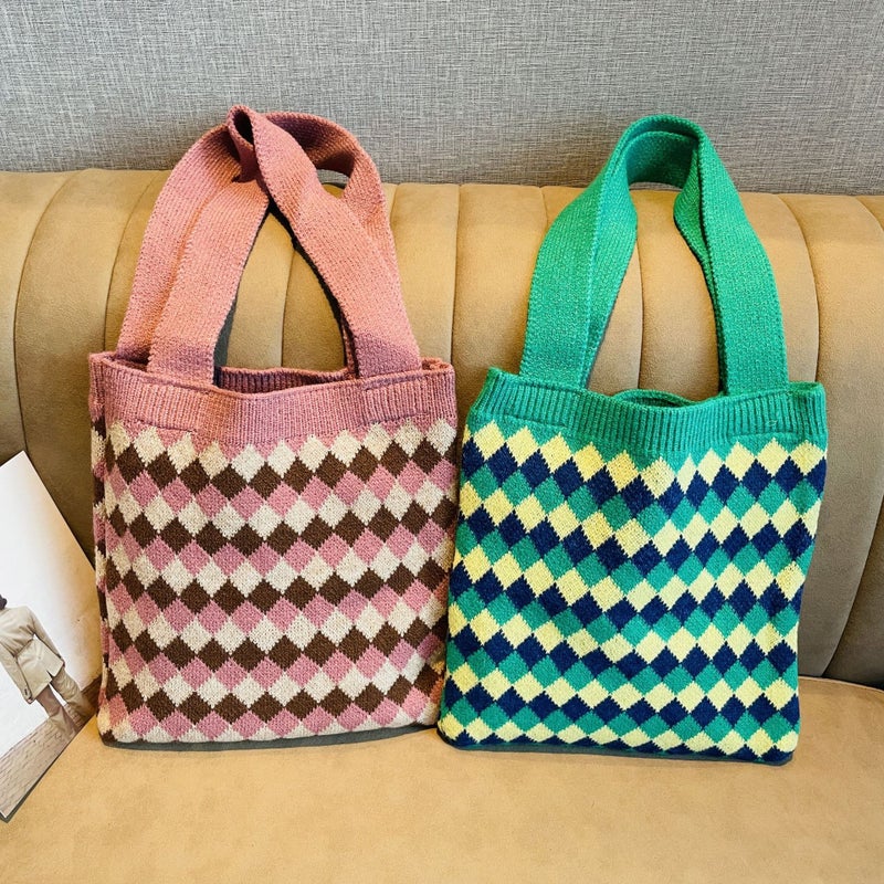 Hand-Woven Contrast Color Rhombus Knitted Wool Bag Korean Style Versatile Large Capacity Student Commuter Shoulder Bag Handbag - Image 4