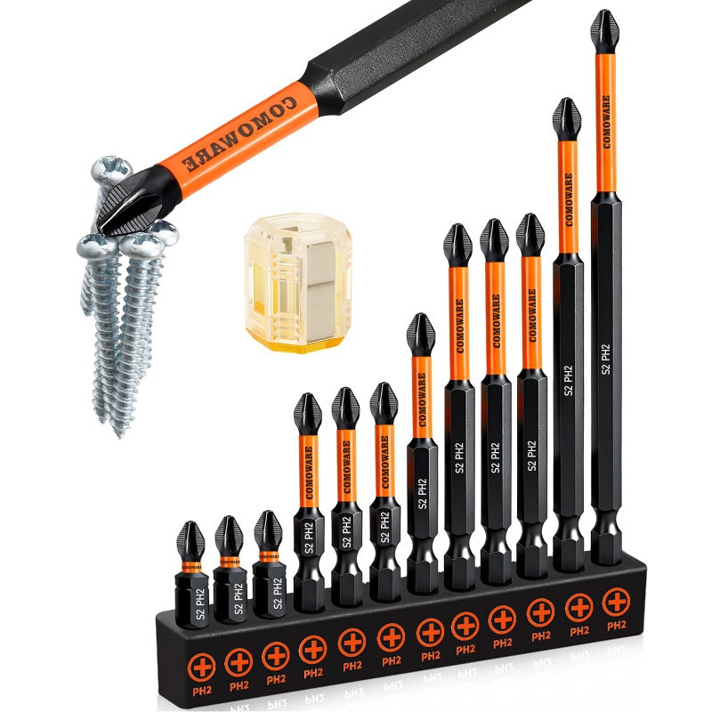 COMOWARE 13pcs Phillips Head Drill Bits #2, S2 Steel 1/4" Hex Bit Set, Anti Slip Screwdriver Bits, 1-6" Length, CNC Tip Magnetic Drill Bit, Impact Hex Bits Sets For Electronic Devices Disassembly - Image 1