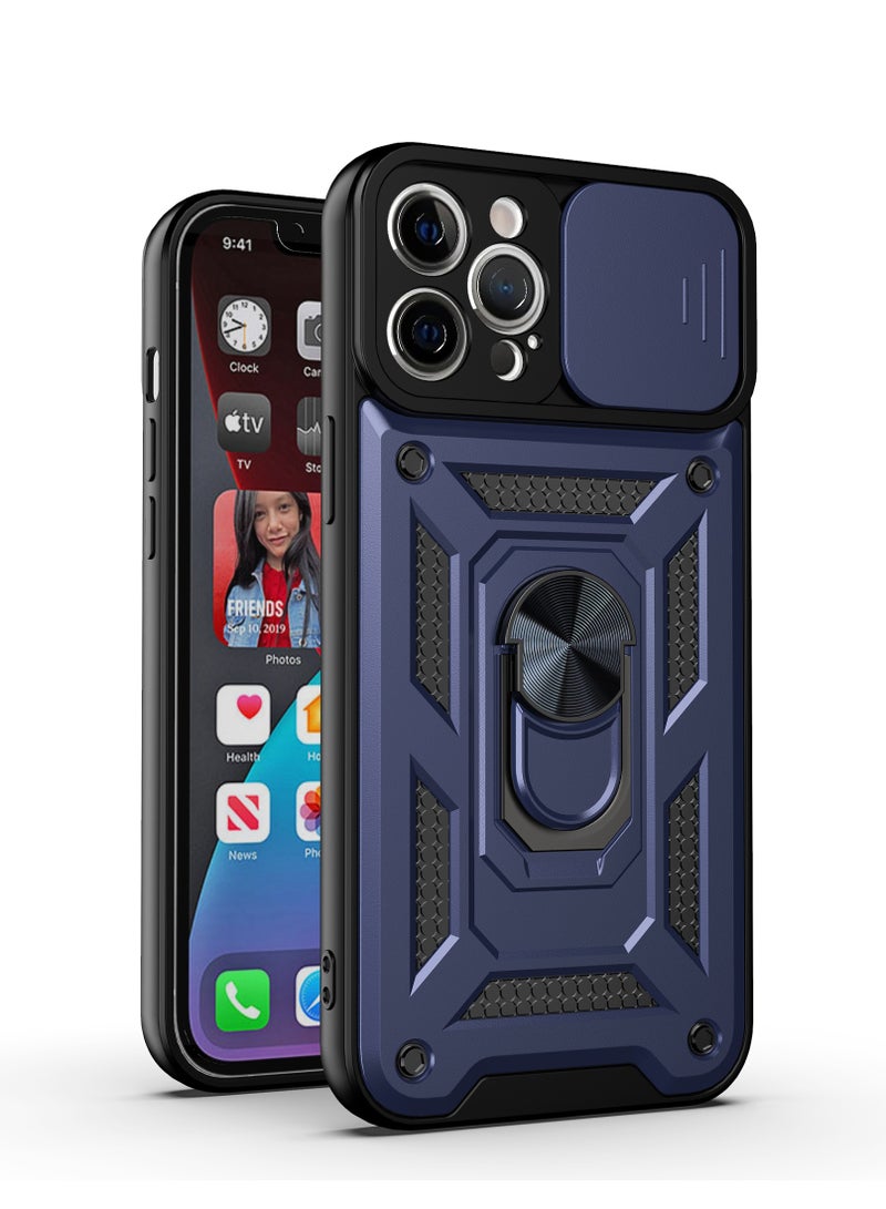 Shunjia Sliding Window Case, Shockproof Rugged Armor with Sliding Camera Cover & 360° Ring Kickstand, Compatible with Apple iPhone 12 Pro Max (Blue)