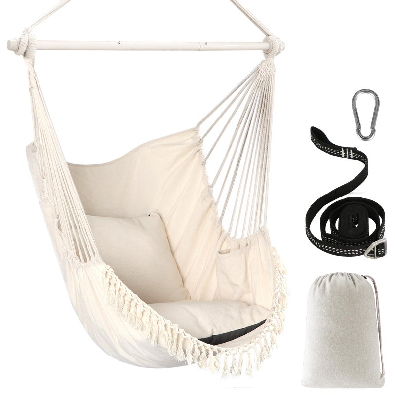 Chihee Hammock Chair Hanging Swing Max 500 Lbs 2 Cushions Included Metal Spreader Bar with AntiSlip Grooves Portable Hanging Chair Side Pocket Large Macrame Bohemian Chair Indoor Outdoor