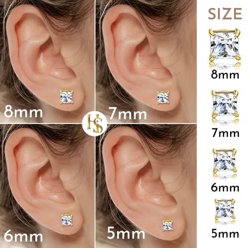 HIGHSPARK 925 Silver Solitaire Square Earrings for Women | 92.5 Sterling Silver and Princess Cut Diamond like Brilliance Sparkling Zirconia for that Stunning Shine | Lovely Gift - Gold 7mm - Image 2