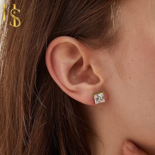 HIGHSPARK 925 Silver Solitaire Square Earrings for Women | 92.5 Sterling Silver and Princess Cut Diamond like Brilliance Sparkling Zirconia for that Stunning Shine | Lovely Gift - Gold 7mm - Image 3