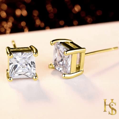 HIGHSPARK 925 Silver Solitaire Square Earrings for Women | 92.5 Sterling Silver and Princess Cut Diamond like Brilliance Sparkling Zirconia for that Stunning Shine | Lovely Gift - Gold 7mm - Image 4