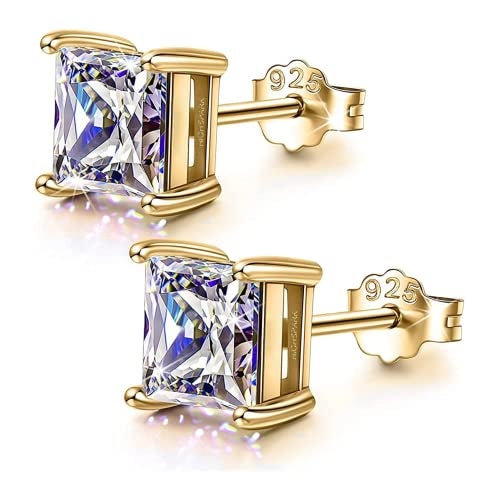 HIGHSPARK 925 Silver Solitaire Square Earrings for Women | 92.5 Sterling Silver and Princess Cut Diamond like Brilliance Sparkling Zirconia for that Stunning Shine | Lovely Gift - Gold 7mm - Image 1