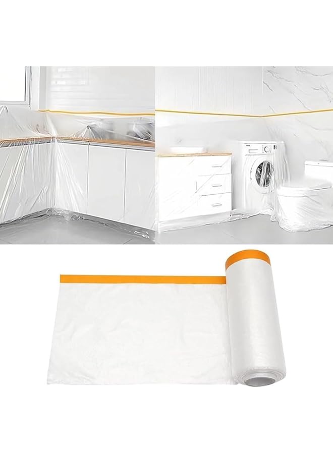 PROMASS promass 4M x 20M Masking Film with Tape,Plastic Waterproof Dust-Proof Pre-Taped and Drape,Transparent Painting Protective Masking Film,Plastic Protective Drop Film for Furniture Carpet Bed Covering  - Image 1