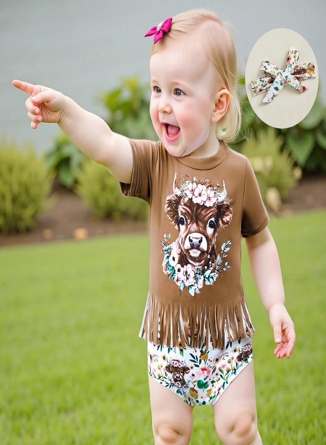 Owl's-Yard Infant Baby Girl Western Outfit Cow/Boot Short Sleeve Tassel T-shirts with Elastic Waist Shorts Tie-up Headband (A-Khaki, 18-24 Months) - Image 3