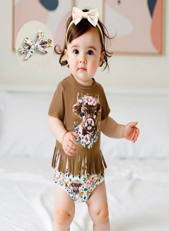 Owl's-Yard Infant Baby Girl Western Outfit Cow/Boot Short Sleeve Tassel T-shirts with Elastic Waist Shorts Tie-up Headband (A-Khaki, 18-24 Months) - Image 5