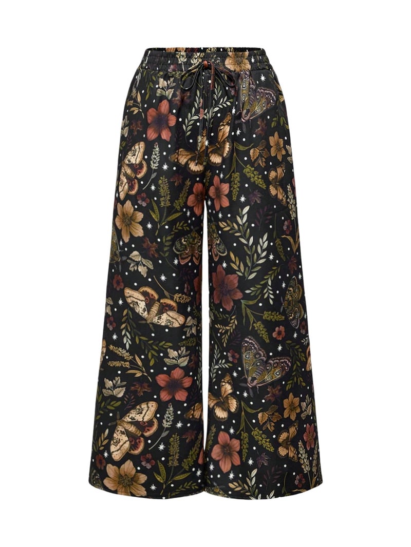 WDIRARA Women's Plus Size Butterfly Floral Print Wide Leg Pants Drawstring Waist Palazzo Pants Black 3X-Large Plus - Image 1