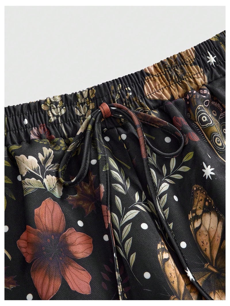 WDIRARA Women's Plus Size Butterfly Floral Print Wide Leg Pants Drawstring Waist Palazzo Pants Black 3X-Large Plus - Image 3