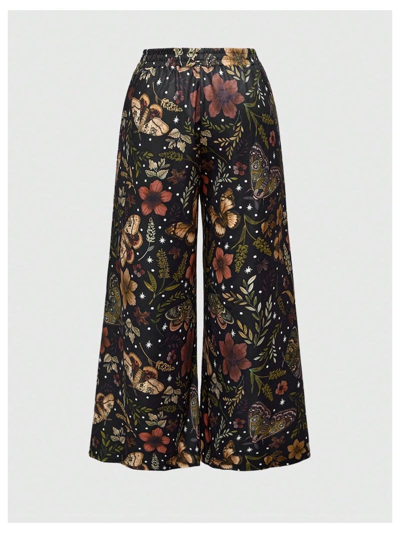 WDIRARA Women's Plus Size Butterfly Floral Print Wide Leg Pants Drawstring Waist Palazzo Pants Black 3X-Large Plus - Image 2