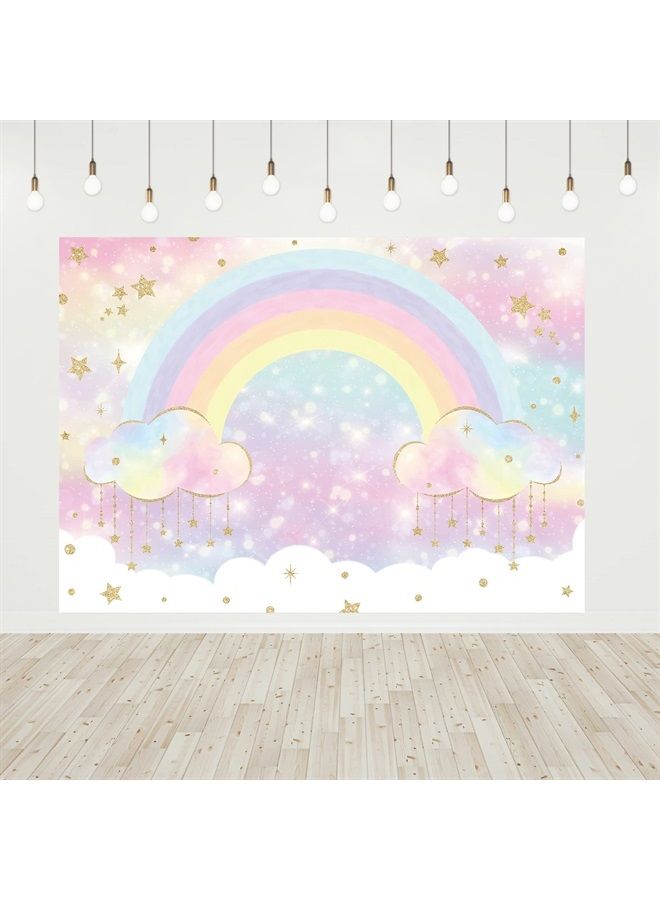 Riyidecor Pastel Rainbow Backdrop Colorful Cloud Birthday Party Decoration Gold Glitter Stars Photography Background for Kids Girls Baby Shower Supplies Banner 7x5 Feet Props Photo Shoot Fabric Cloth
