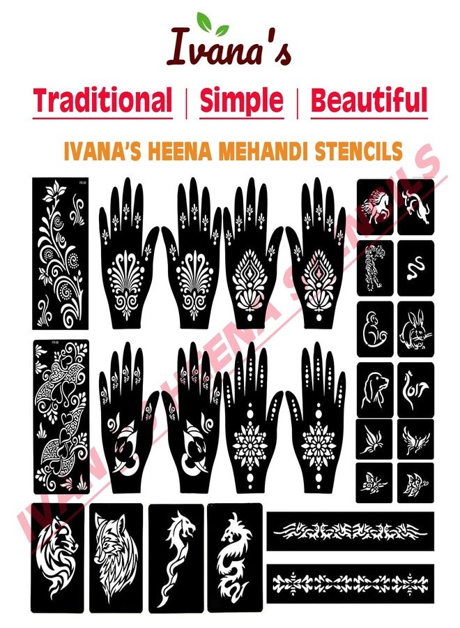 إيفاناز مجموعة إيفانا المكونة من 34 قطعة من قوالب الحناء القابلة لإعادة الاستخدام لليدين والمعصم والجسم والظهر والرقبة والوجه، عبوة كومبو من القوالب للنساء والفتيات والأطفال، سهلة الاستخدام في 4 خطوات فقط، مجموعة تصميم هندي، A2298 - Image 5