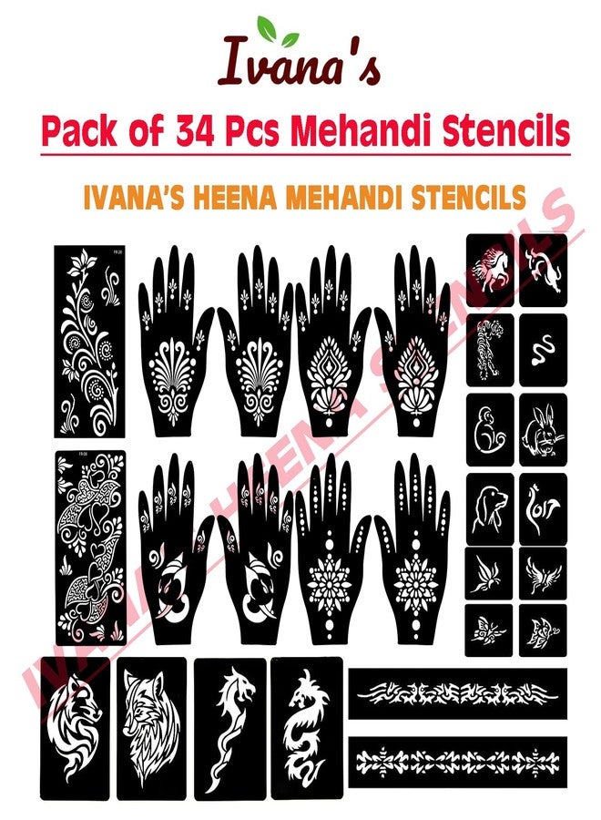 إيفاناز مجموعة إيفانا المكونة من 34 قطعة من قوالب الحناء القابلة لإعادة الاستخدام لليدين والمعصم والجسم والظهر والرقبة والوجه، عبوة كومبو من القوالب للنساء والفتيات والأطفال، سهلة الاستخدام في 4 خطوات فقط، مجموعة تصميم هندي، A2298 - Image 3