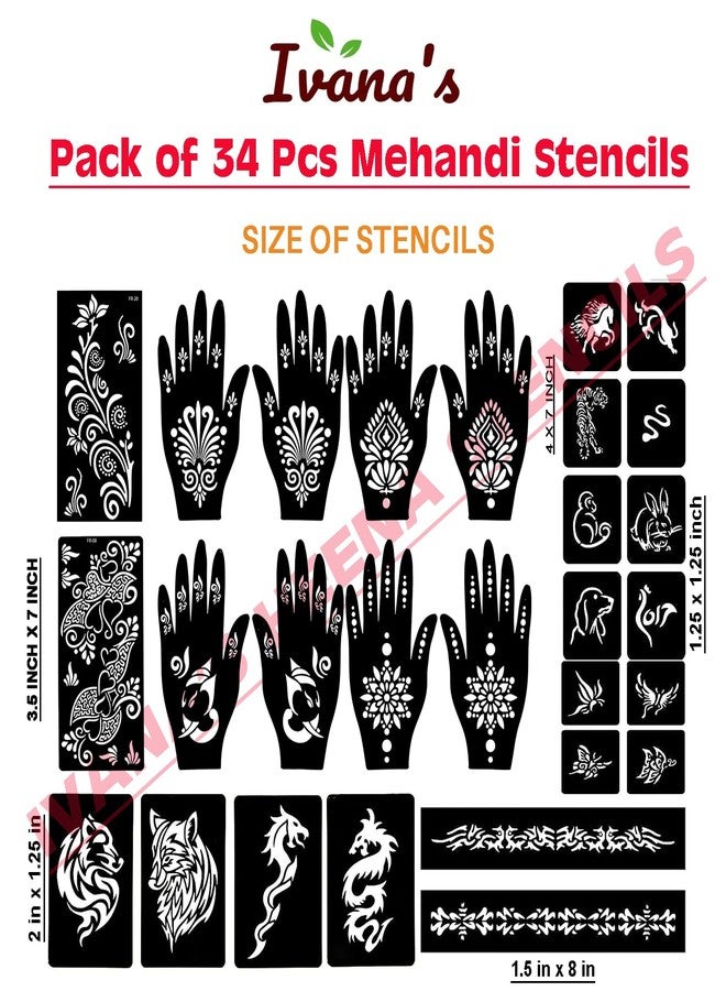 إيفاناز مجموعة إيفانا المكونة من 34 قطعة من قوالب الحناء القابلة لإعادة الاستخدام لليدين والمعصم والجسم والظهر والرقبة والوجه، عبوة كومبو من القوالب للنساء والفتيات والأطفال، سهلة الاستخدام في 4 خطوات فقط، مجموعة تصميم هندي، A2298 - Image 4