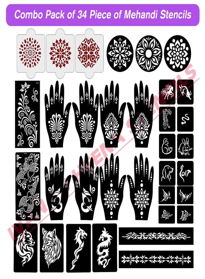 إيفاناز مجموعة إيفانا المكونة من 34 قطعة من قوالب الحناء القابلة لإعادة الاستخدام لليدين والمعصم والجسم والظهر والرقبة والوجه، عبوة كومبو من القوالب للنساء والفتيات والأطفال، سهلة الاستخدام في 4 خطوات فقط، مجموعة تصميم هندي، A2298 - Image 2