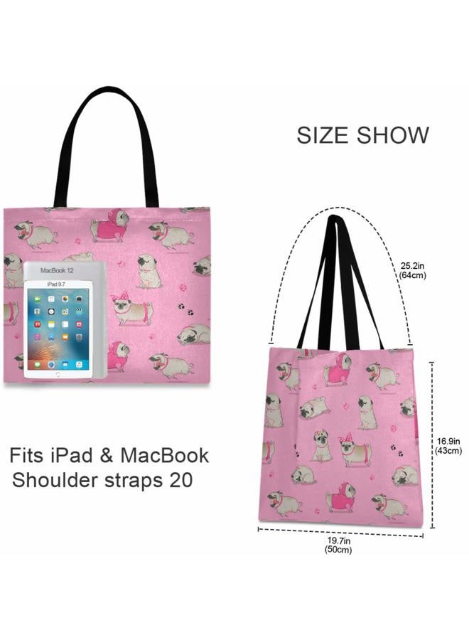 visesunny Women's Extra Large Canvas Tote Shoulder Bag Cute Cartoon Pug Top Storage Handle Shopping Bag Casual Reusable Tote Bag for Beach,Travel,Groceries,Books - Image 4