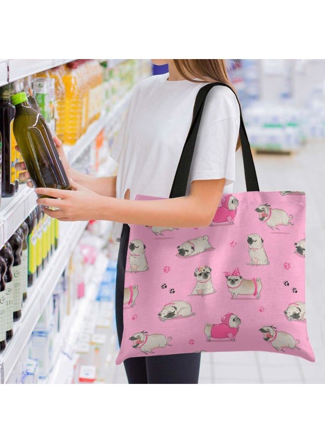 visesunny Women's Extra Large Canvas Tote Shoulder Bag Cute Cartoon Pug Top Storage Handle Shopping Bag Casual Reusable Tote Bag for Beach,Travel,Groceries,Books - Image 2