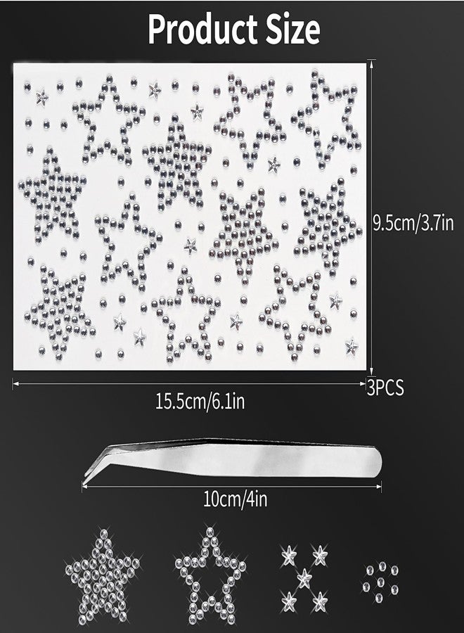 Jacnkb 3 Sheets Star Gem Stickers Self Adhesive Rhinestone Stickers White Face Jewel Stick on Bling Hair Diamond Decals Sparkly Crystal Pearls for Body Nails Crafts Decoration Supplies for Kids - Image 2