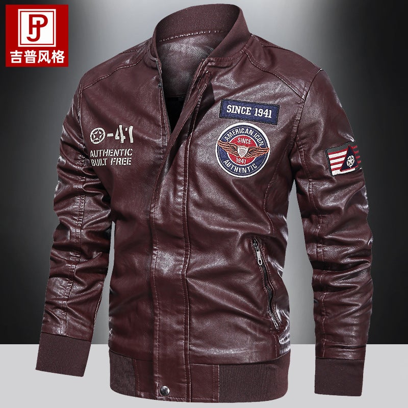 Fleece-Lined Motorcycle Leather Jacket Trendy Youth Baseball Uniform Embroidered Leather Jacket 2021 Leather Coat For Men - Image 3