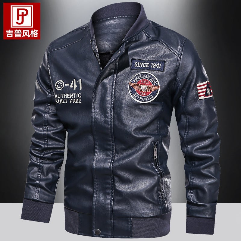 Fleece-Lined Motorcycle Leather Jacket Trendy Youth Baseball Uniform Embroidered Leather Jacket 2021 Leather Coat For Men - Image 5