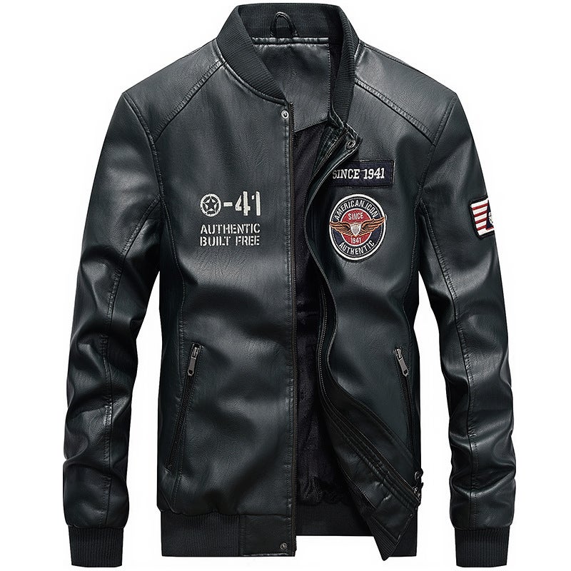 Fleece-Lined Motorcycle Leather Jacket Trendy Youth Baseball Uniform Embroidered Leather Jacket 2021 Leather Coat For Men - Image 1