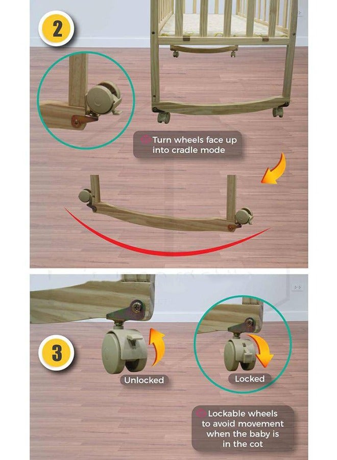 BABYCARA 2 in 1 Baby Bed Rocking Cradle Wooden Cot 90x55 Natural - Image 4